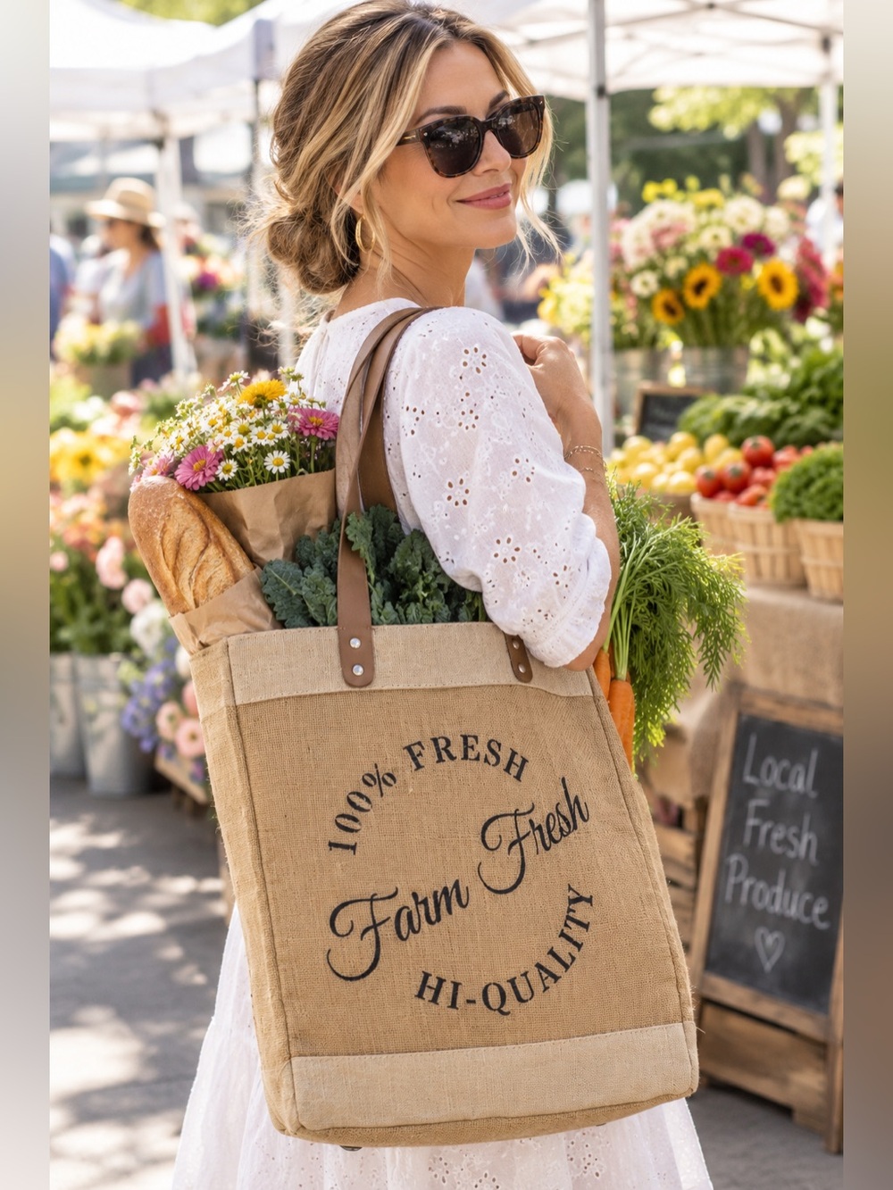 Farm Fresh Jute Market Tote Bag w/ Leather Straps - Natural burlap with deviders